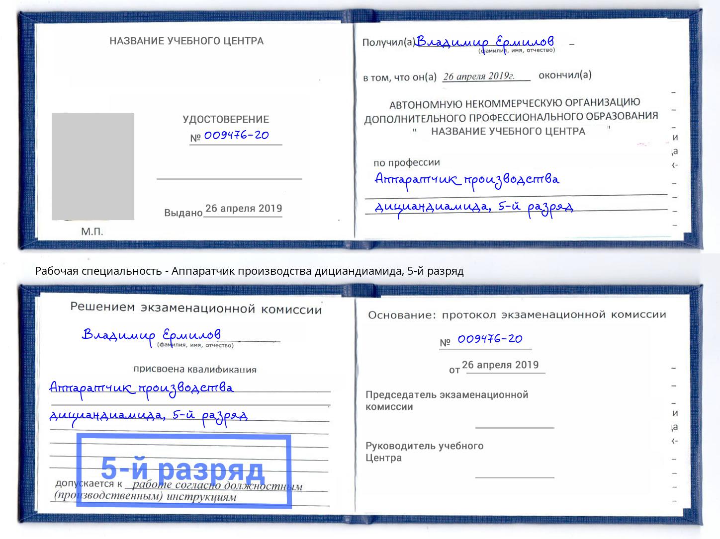 корочка 5-й разряд Аппаратчик производства дициандиамида Егорьевск