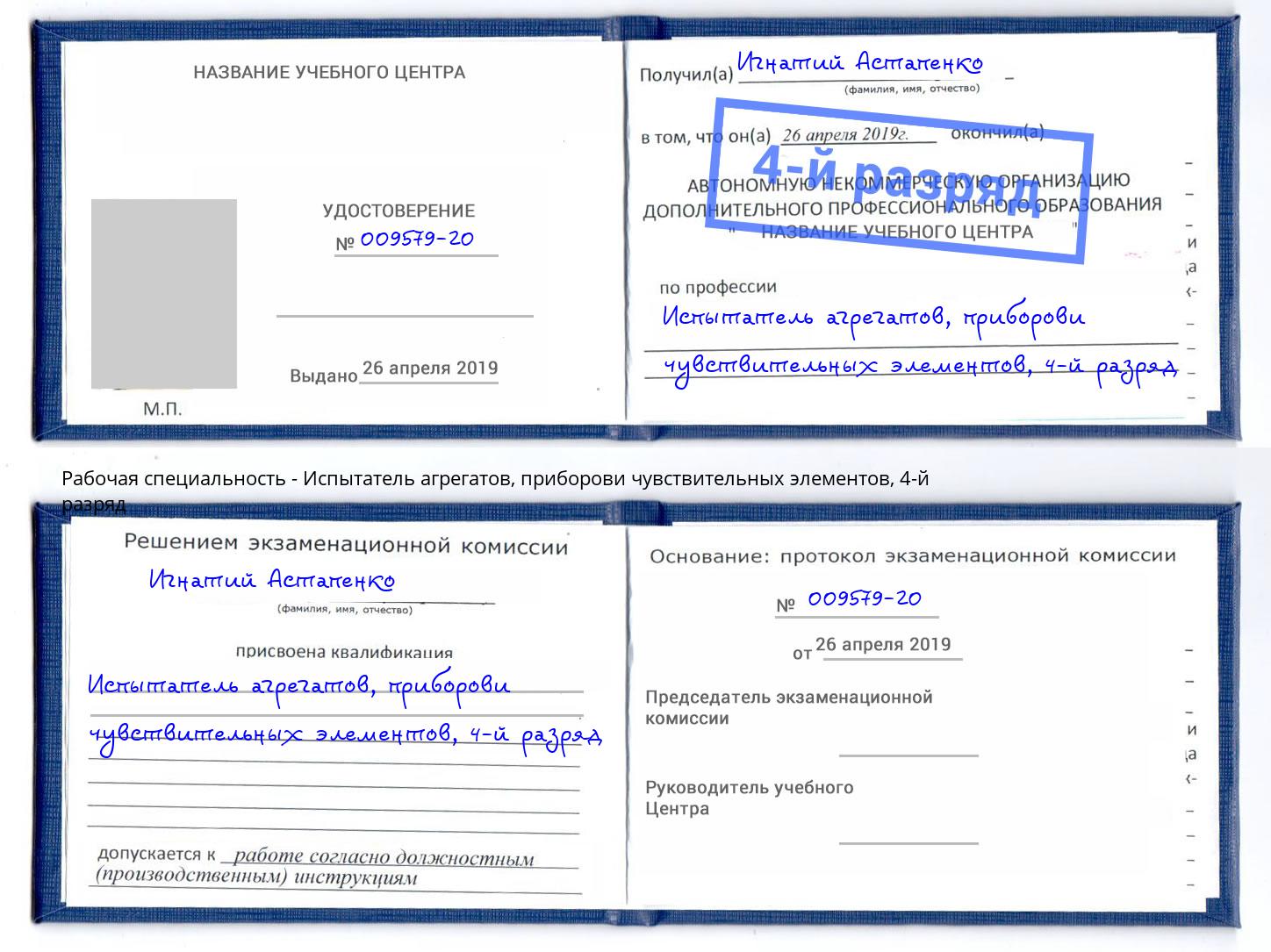 корочка 4-й разряд Испытатель агрегатов, приборови чувствительных элементов Егорьевск