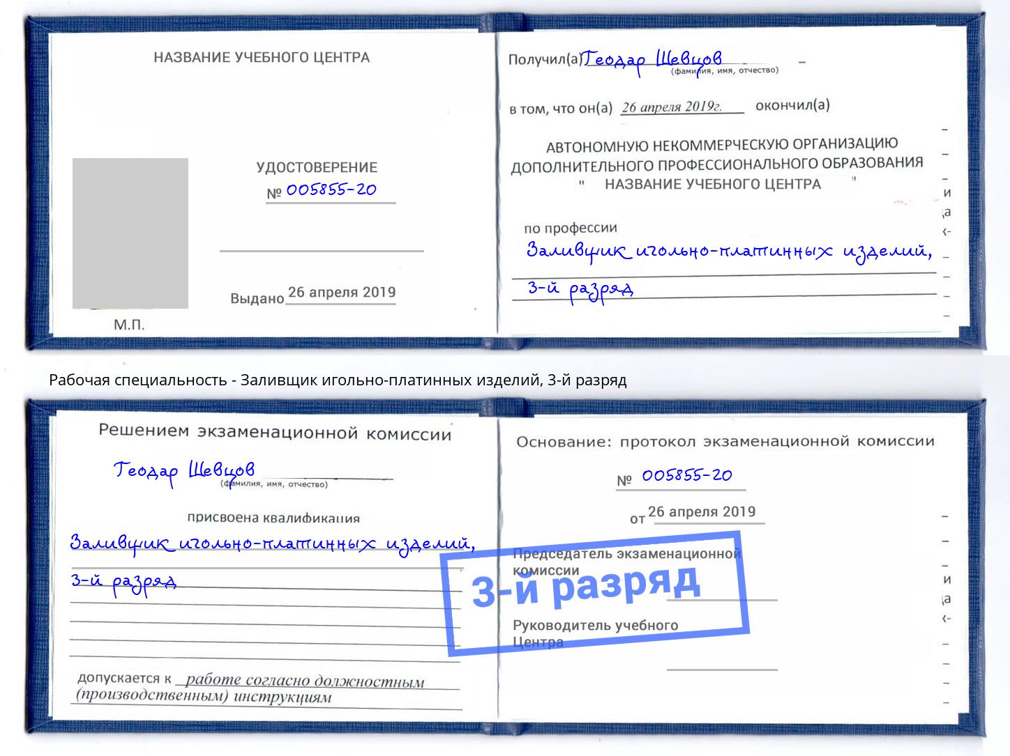 корочка 3-й разряд Заливщик игольно-платинных изделий Егорьевск