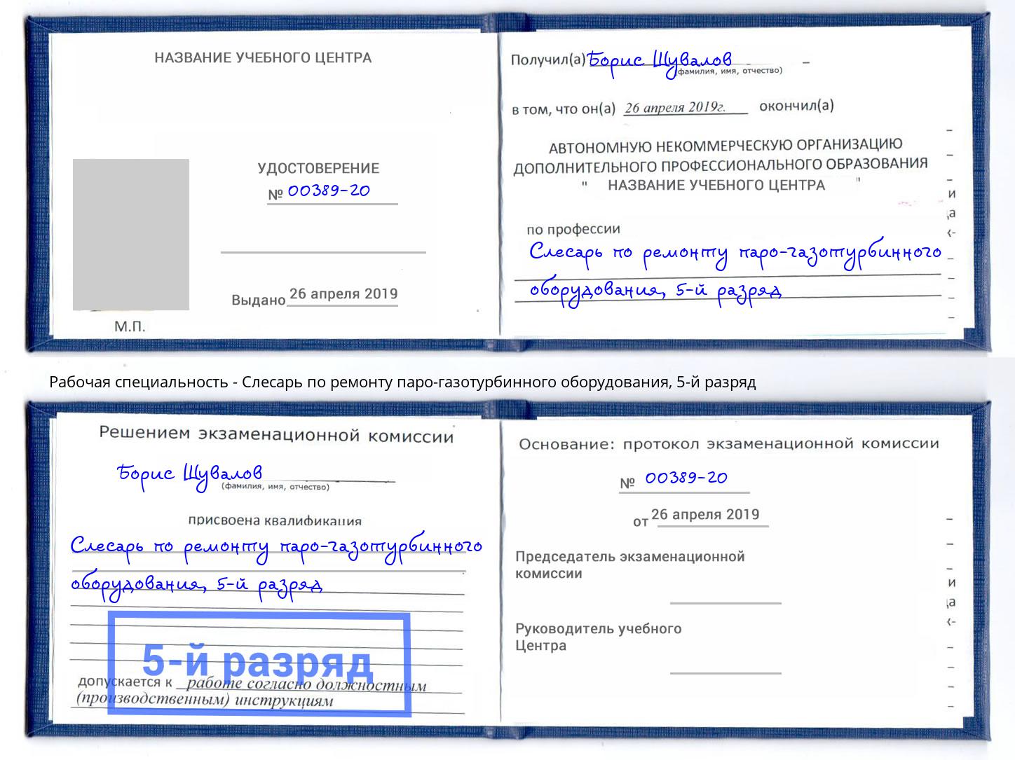 корочка 5-й разряд Слесарь по ремонту паро-газотурбинного оборудования Егорьевск