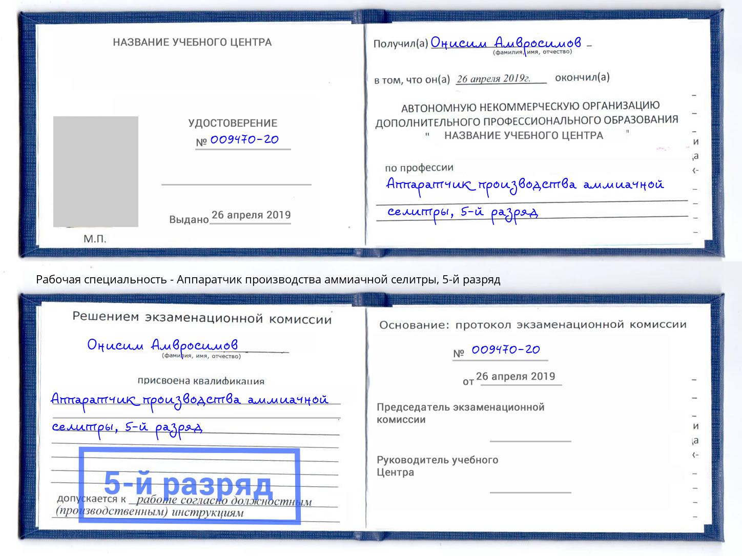 корочка 5-й разряд Аппаратчик производства аммиачной селитры Егорьевск