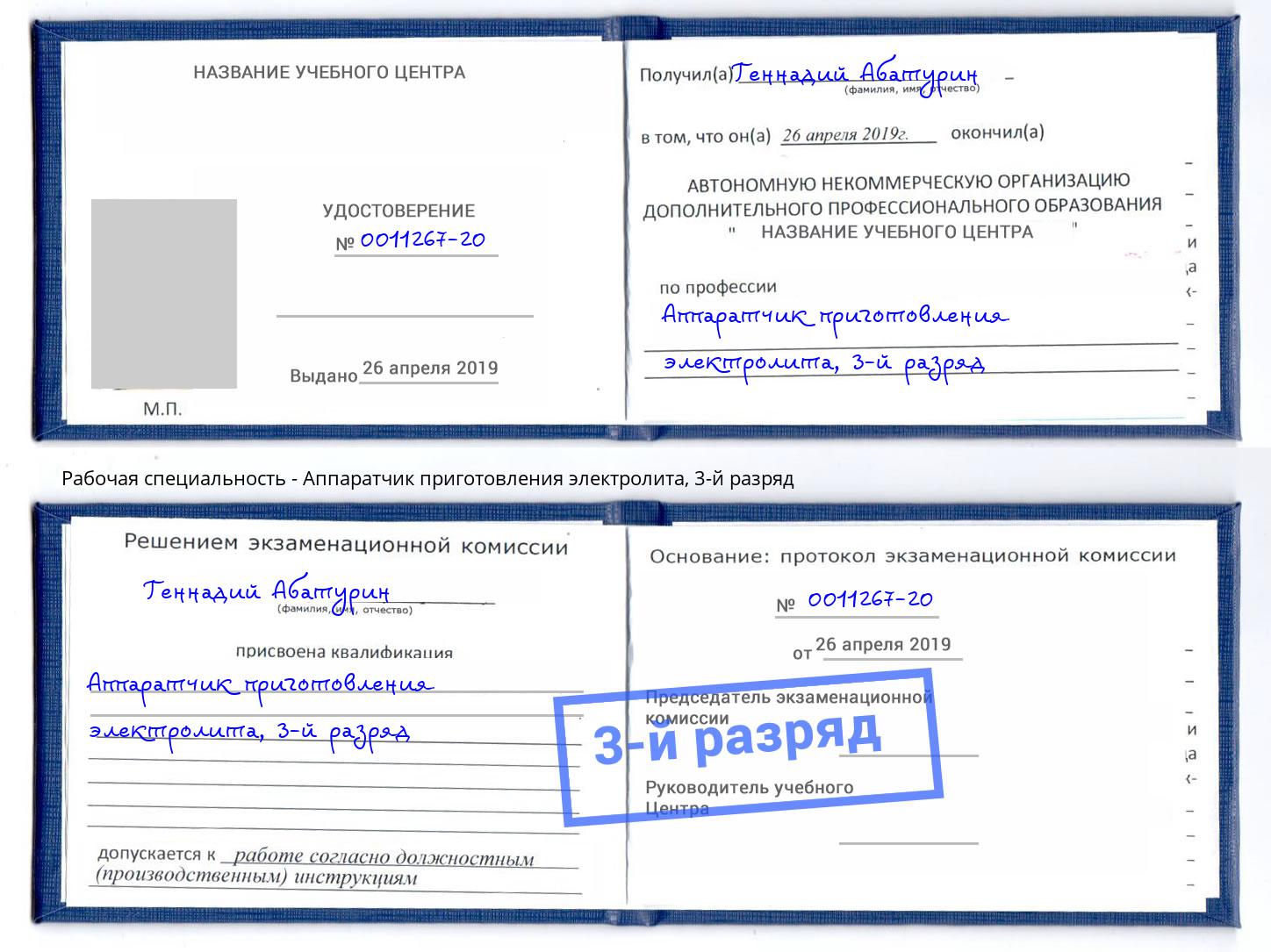 корочка 3-й разряд Аппаратчик приготовления электролита Егорьевск