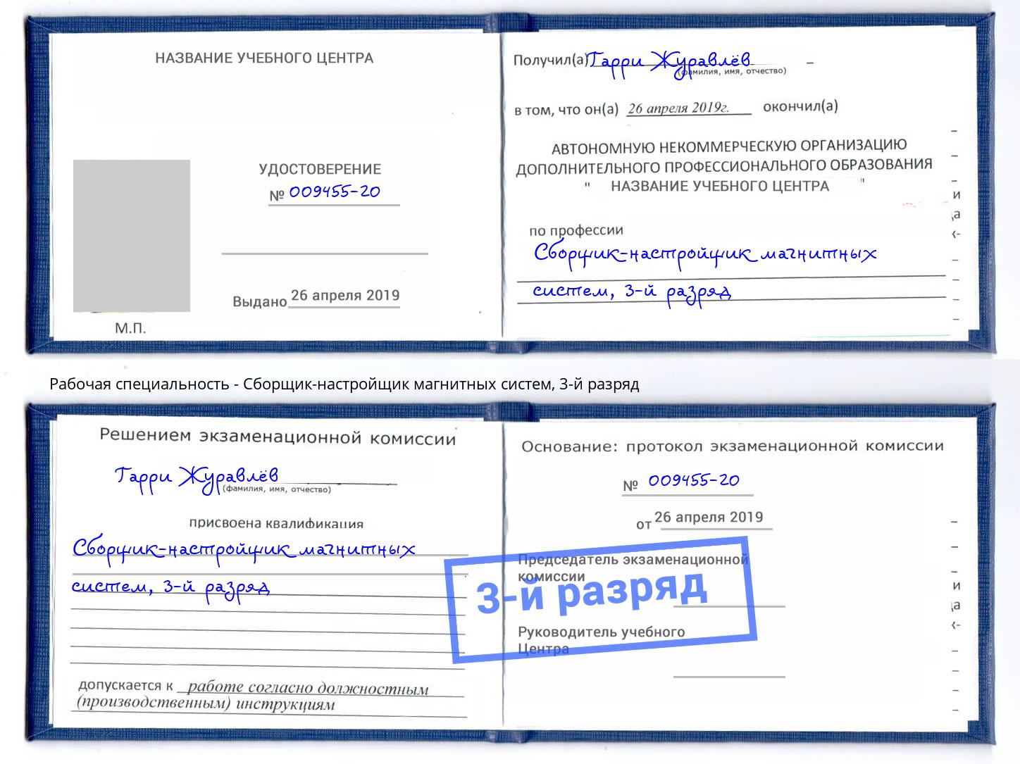 корочка 3-й разряд Сборщик-настройщик магнитных систем Егорьевск