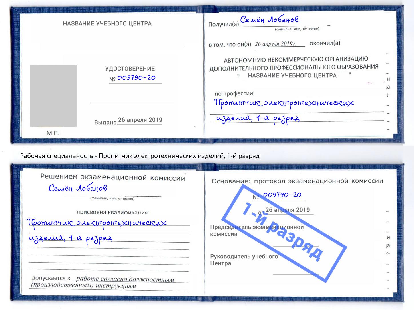 корочка 1-й разряд Пропитчик электротехнических изделий Егорьевск