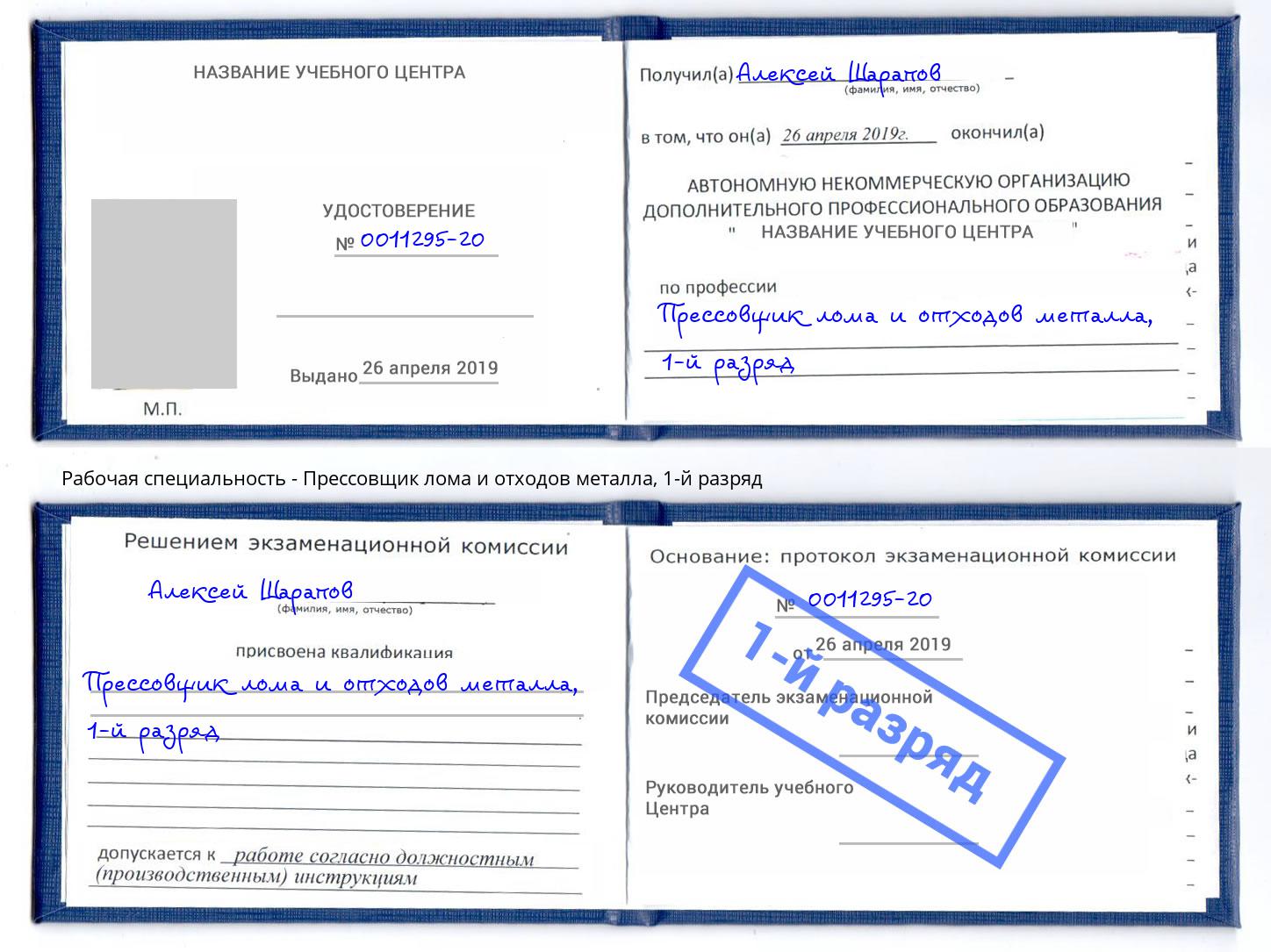 корочка 1-й разряд Прессовщик лома и отходов металла Егорьевск