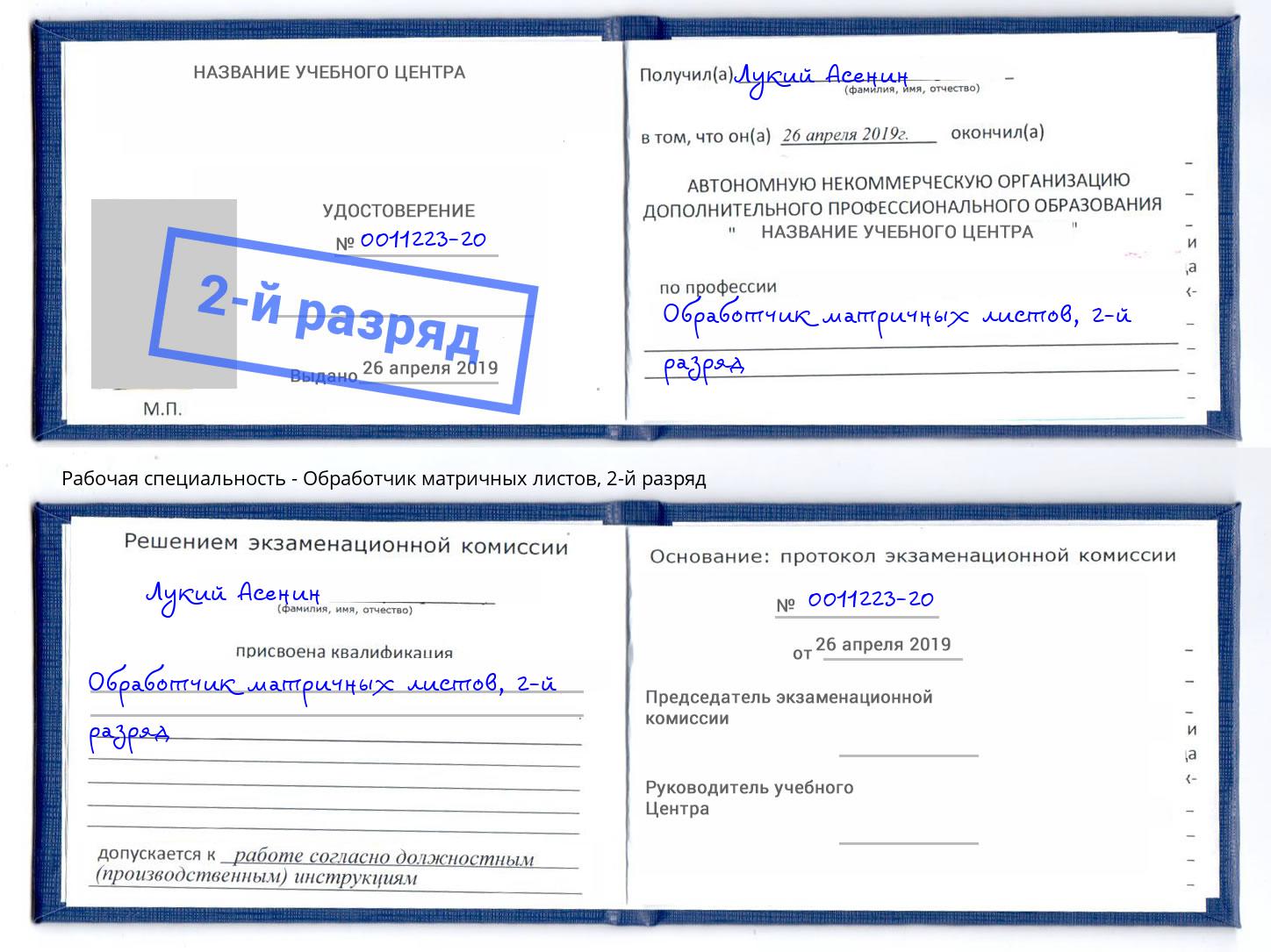 корочка 2-й разряд Обработчик матричных листов Егорьевск