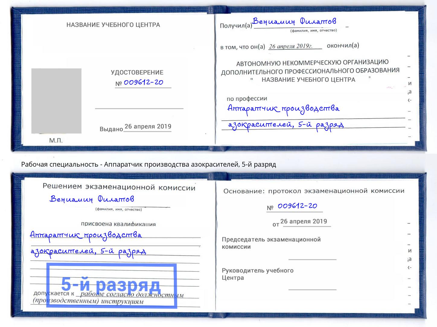 корочка 5-й разряд Аппаратчик производства азокрасителей Егорьевск