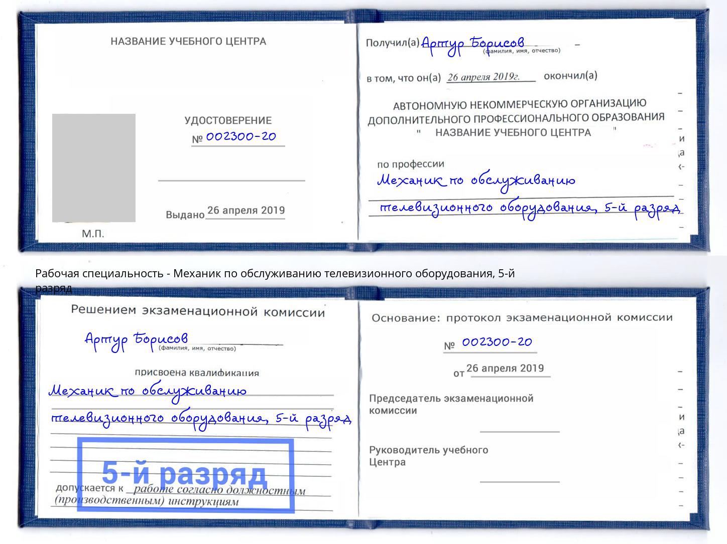 корочка 5-й разряд Механик по обслуживанию телевизионного оборудования Егорьевск