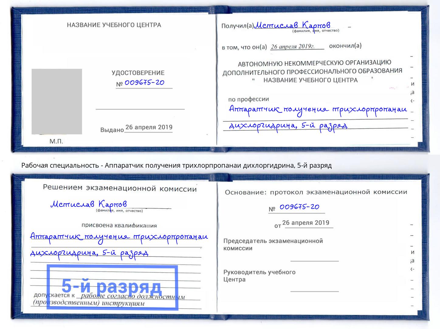 корочка 5-й разряд Аппаратчик получения трихлорпропанаи дихлоргидрина Егорьевск