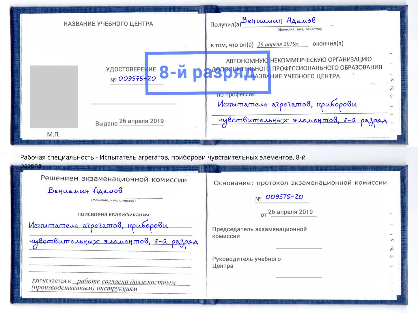 корочка 8-й разряд Испытатель агрегатов, приборови чувствительных элементов Егорьевск
